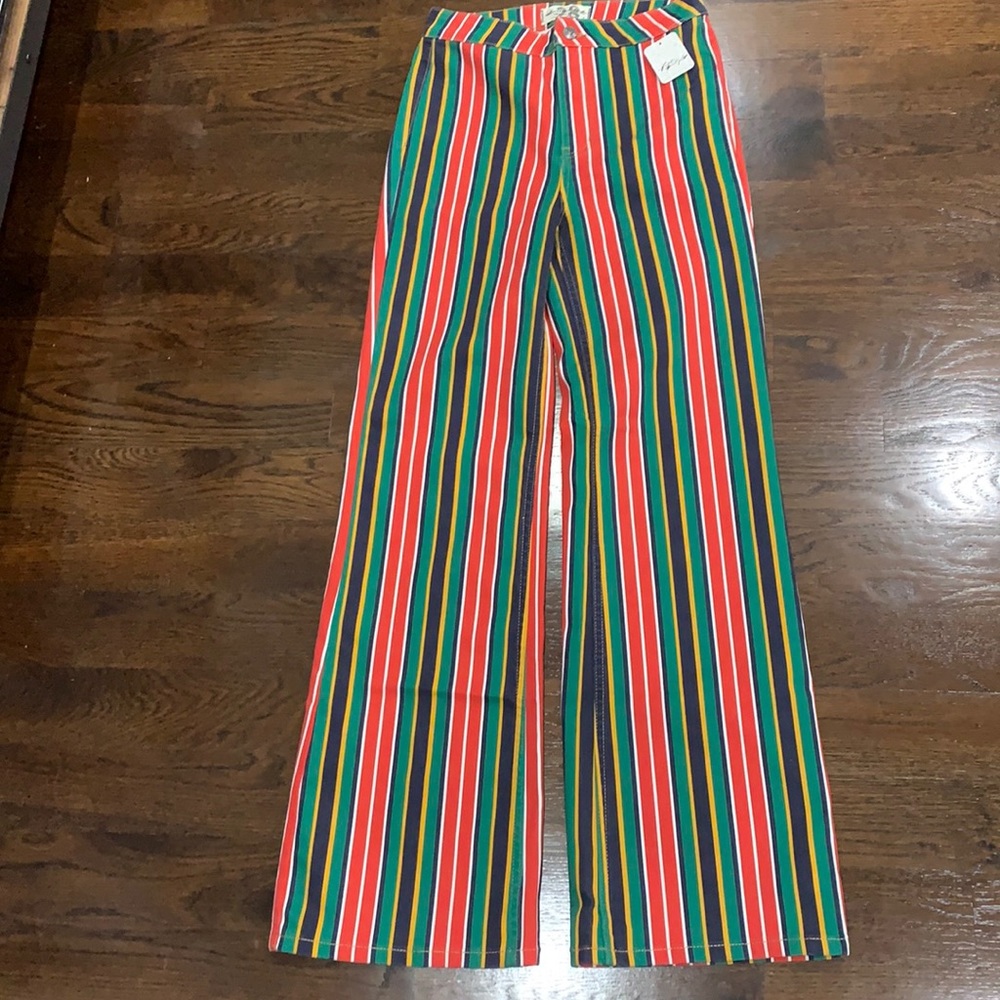 FREE PEOPLE CANDY STRIPE WIDE LEG JEANS Holiday Stripe Retro 70’s Red Green